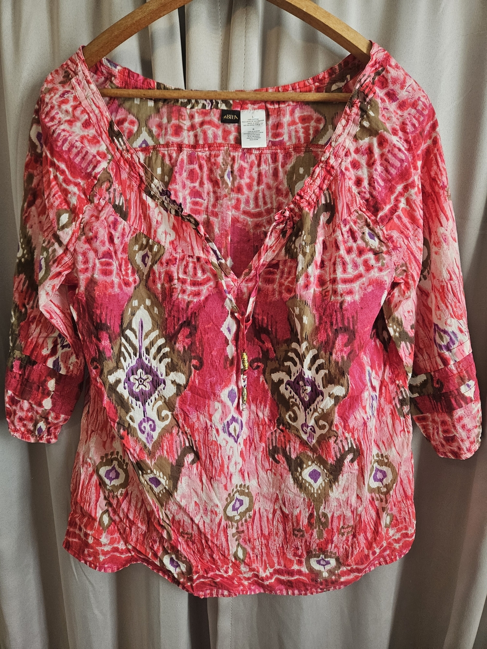 Bila Pink and Brown Ikat-Print V-Neck Flowy Beachy Blouse